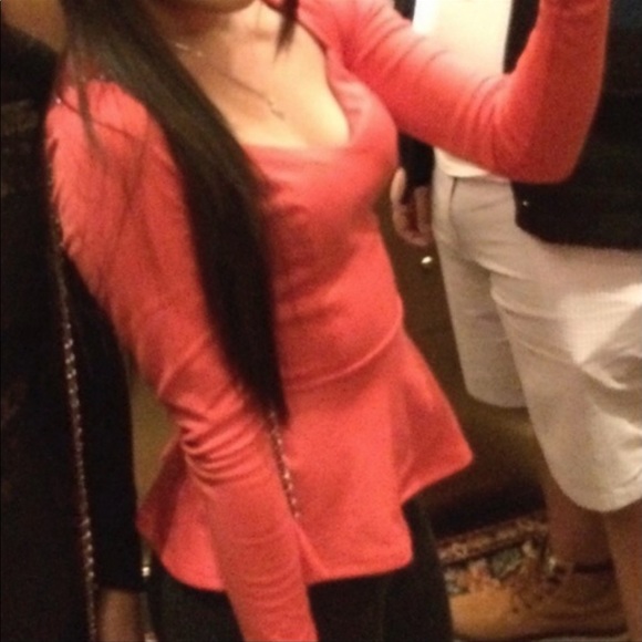 Coral Orange Peplum Top Blouse Shirt XS Charlotte - Picture 2 of 8